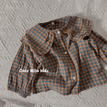 Retro girl lace shirt autumn checkered cotton linen Korean foreign air blouses Long sleeves womens spring and summer opening