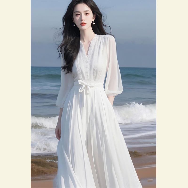 Capacity Kiss White Ultra-Fairy Mid-Length Waist-Cinching Slimming Silk Dress for Women Summer Three-Quarter Sleeve A-Line Dress Capacity Kiss White Ultra-Fairy Mid-Length Waist-Cinching Slimming Silk Dress for Women Summer Three-Quarter Sleeve A-Line Dress