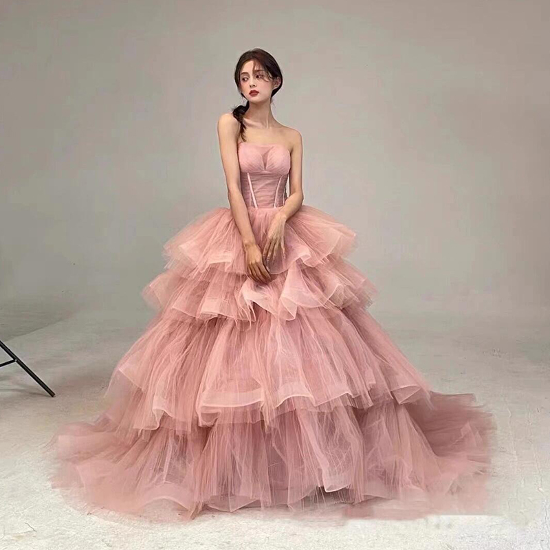 Pink Light Wedding Dress Robe for Women, Bride, Strapless, Birthday, Elaborate Party, Coming-Of-Age Ceremony, Runaway Princess