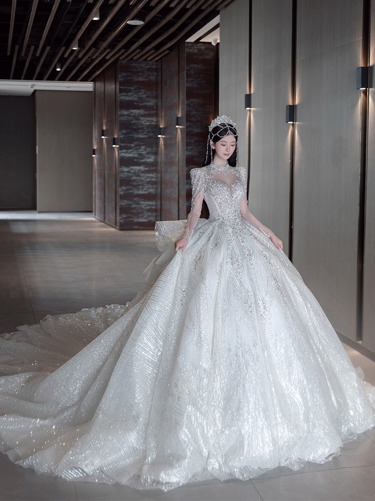 Winter advanced starry sky for bride, long sleeve, 2023 collection, suitable for teen, lace dress