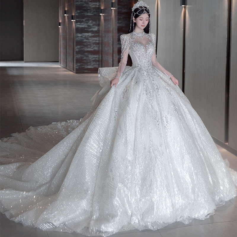 Long sleeve main wedding dress 2023 new bridal rework drag tail small child zigely out of the door veil starry sky Winter Advanced-Taobao