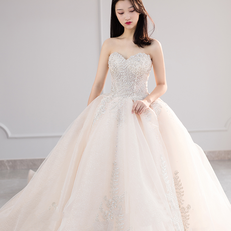 Main light wedding dress 2021 new bride bandeau thin simple large tail shaking sound net red French high-end women