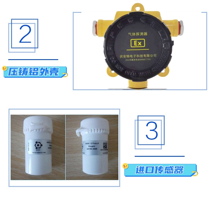 Máy dò nồng độ khí carbon dioxide công nghiệp báo động rò rỉ nitơ và khí argon Đầu dò âm thanh và ánh sáng vượt quá oxy