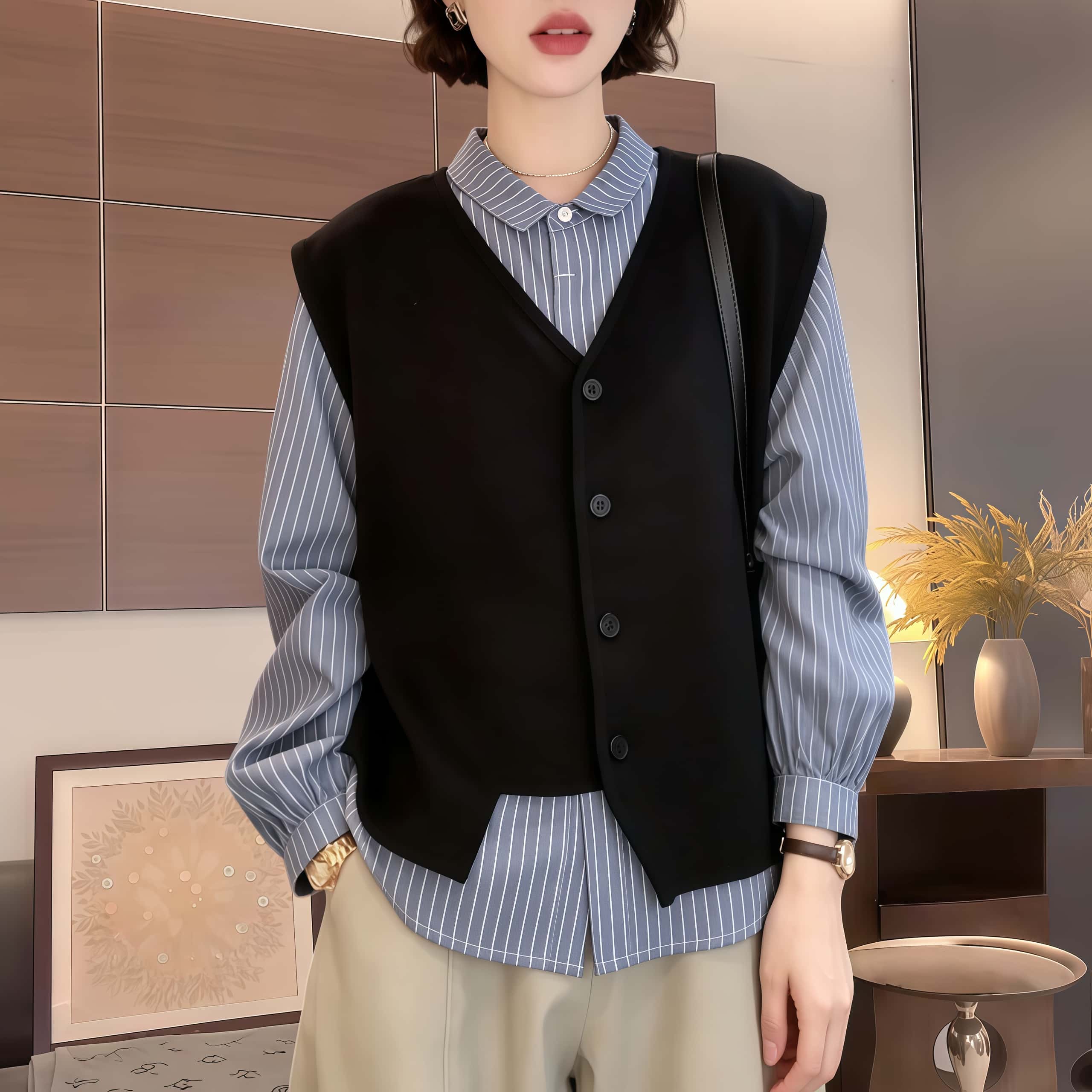 เสื้อกั๊กแขนกุด คอวี แบบสวมใส่สบาย สไตล์เกาหลี สำหรับใส่ไปทำงาน ฤดูใบไม้ร่วงปี 2026 ดีไซน์ทรงหลวม ใส่เป็นชั้นๆ ใส่เป็นเสื้อคลุมด้านนอก