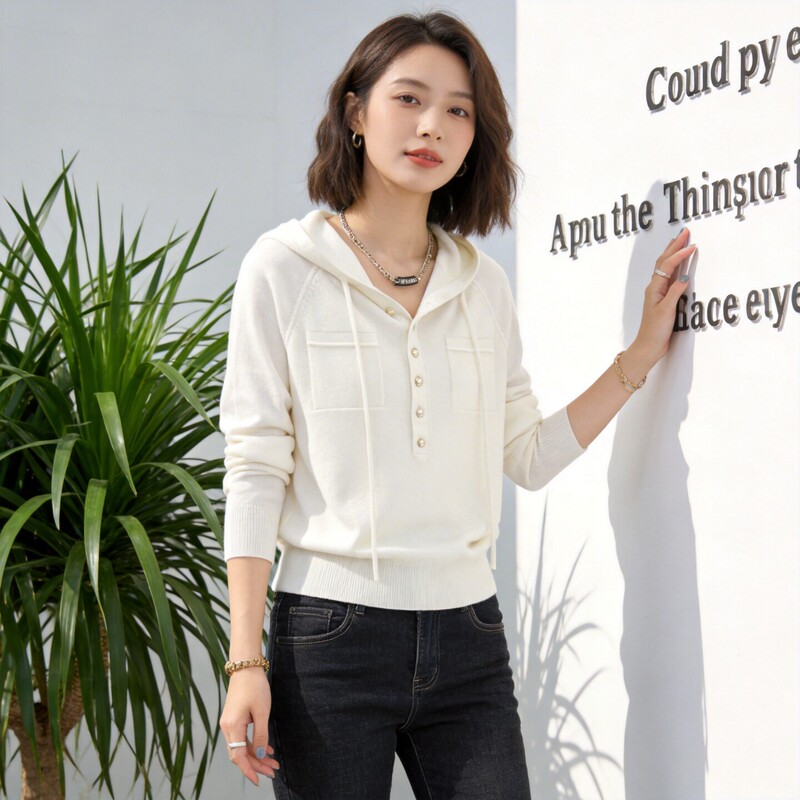 Korean Style Simple Solid Color Hooded Knit Sweater for Women, Spring and Autumn Drawstring Half-Button Pullover Versatile Base Shirt Long-Sleeve Top Korean Style Simple Solid Color Hooded Knit Sweater for Women, Spring and Autumn Drawstring Half-Button Pullover Versatile Base Shirt Long-Sleeve Top