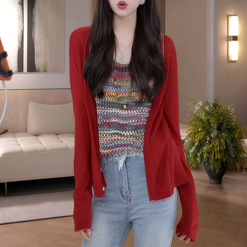 This Year's Popular V-Neck Long-Sleeved Knitted Cardigan for Women Is a Trendy Summer Loose and Lazy Style Sun Protection Mid-Length Top