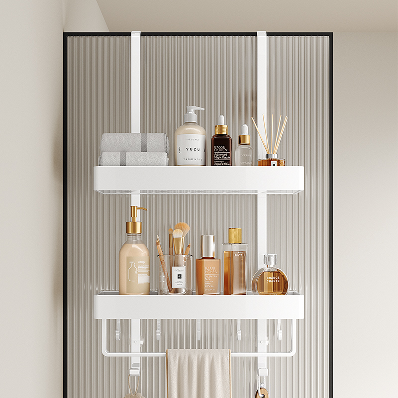 White Shower Room Bathroom Shelf Towel Rack No-Drill Bathroom Towel Bar Hanging Rack Bathroom Hanging Basket