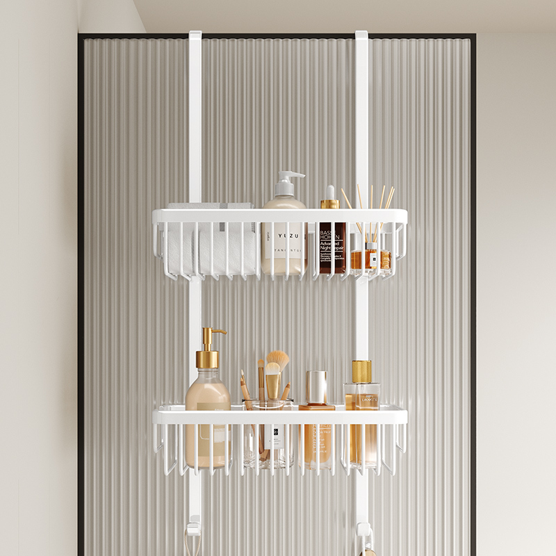 White Shower Room Bathroom Shelf, Shower Room Hanging Basket, Bathroom Shower Room Partition Hanging Rack, No-Drill Shelf