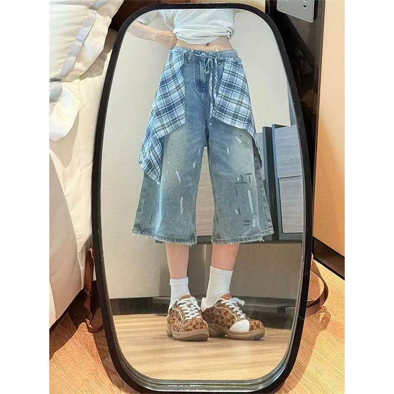 Summer New Style Splash-Ink Design Denim Capri Pants for Women, High-Waisted, Loose Fit, Slimming, Covering the Belly, Wide-Leg Straight Denim Shorts