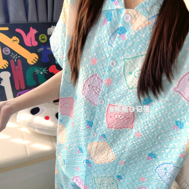 Babyboo Colorful Pig Pajamas for Women, New Summer Wrinkled Fabric Short-Sleeved Cartoon Girl Home Wear Set, Can Be Worn Outside