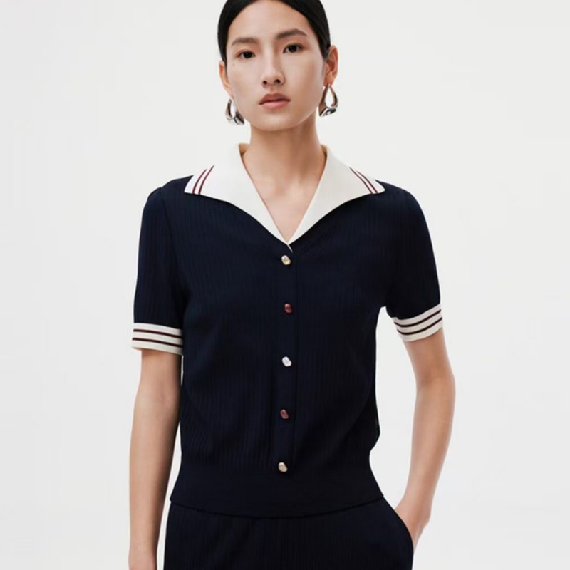 2026 Naja New Style Academy-Style Color-Blocked Navy Collar Knit Short-Sleeve Slim-Fit Versatile Polo Shirt, Same as in the Mall