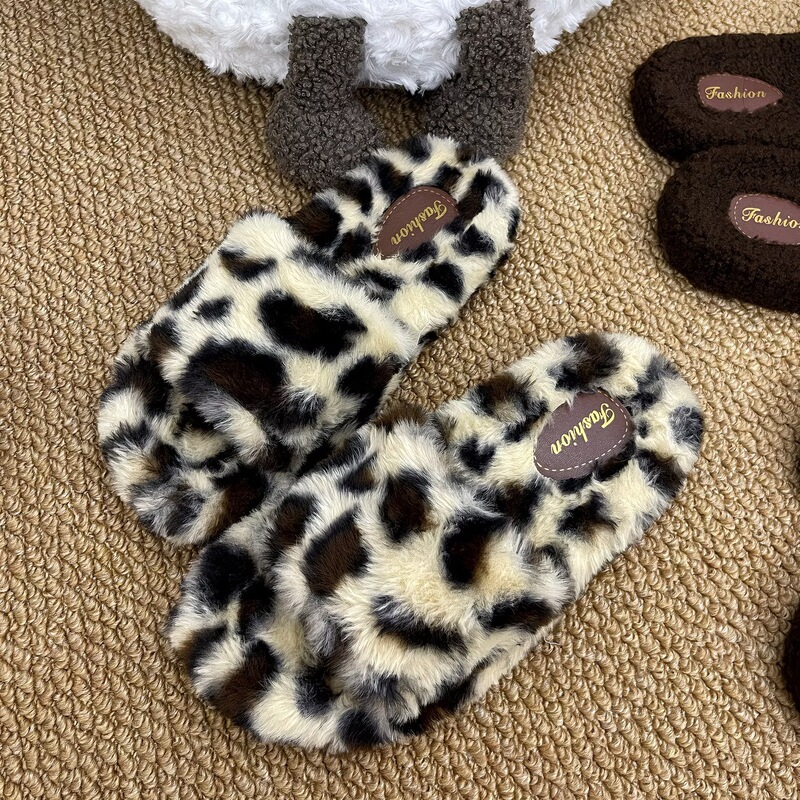 Retro Leopard Print Fur Slippers for Women, Autumn and Winter Internet Celebrity Fashion Casual Outdoor Wear Indoor Cotton Slippers Non-Slip
