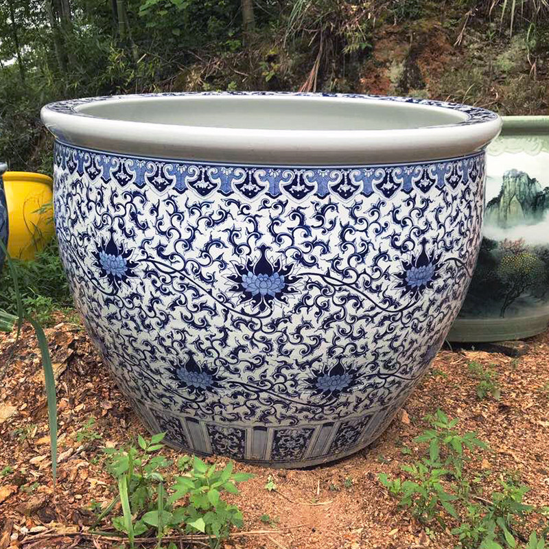 Ceramic Fish Tank Brocade Carp Flowers Green Flower Vat large size Feng Shui Courtyard Swing porcelain cylinder Extra Large fish basin