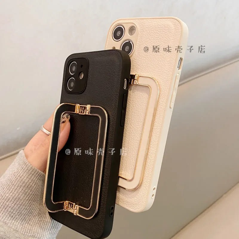 16Pro Niche High-End Leather 17 Metal Square Buckle 15Promax Compatible iPhone 13 Apple 11Xsmax Phone Case Stand 14Pro Creative 15 Leather Texture Personalized Anti-Drop Protective Cover