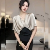 Летняя рубашка, приталенный корсет, французский стиль, V-образный вырез