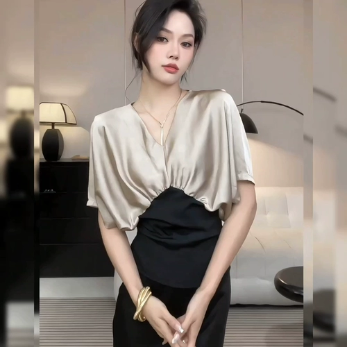 Летняя рубашка, приталенный корсет, французский стиль, V-образный вырез