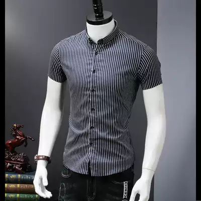 Light luxury short sleeve shirt men's trend summer New Fashion vertical stripe Korean slim shirt casual navy blue