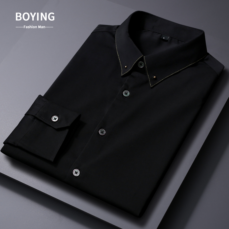 Light luxury autumn new casual British shirt men's middle and young fashion men's pure white long sleeve shirt men