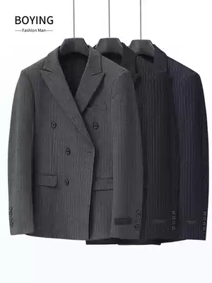 Double-breasted suit men's striped top single-piece British style casual slim-fit small suit Business trend single western jacket