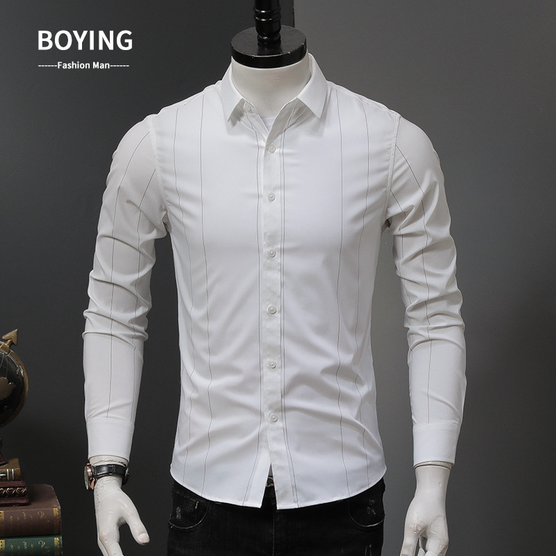 Long-sleeved shirt men's quality summer new youth striped white shirt Korean version of the trend slim ruffian handsome inch clothes