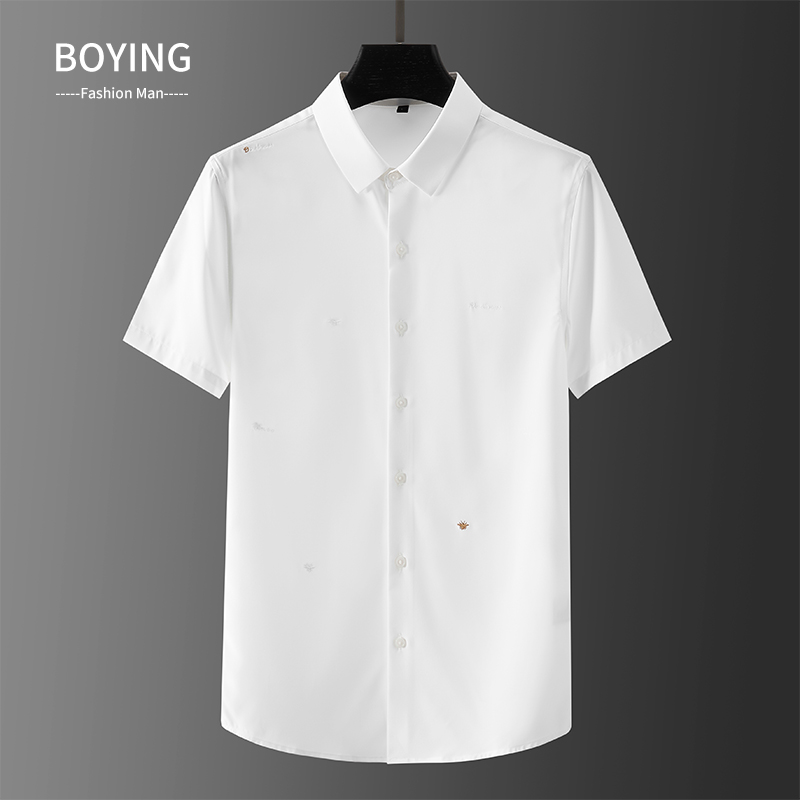 Light luxury quality summer thin silk smooth iron-free anti-wrinkle white shirt men's short-sleeved slim handsome embroidered shirt tide