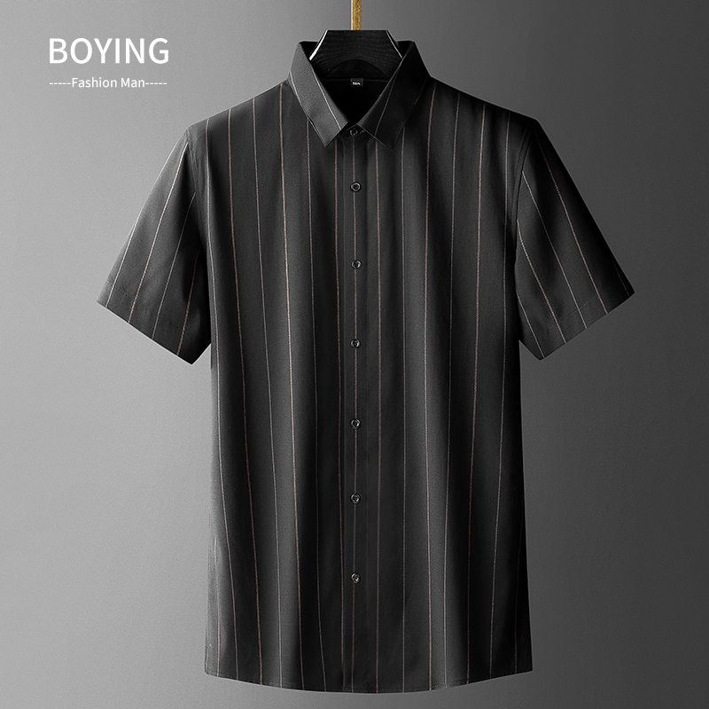 Vertical striped short-sleeved shirt men's light luxury summer ice silk light casual white inch shirt youth trend business shirt