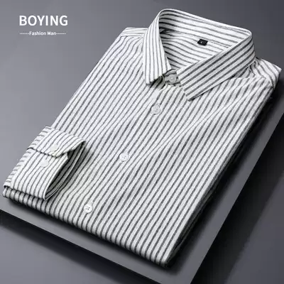 Light luxury spring autumn non-ironing anti-wrinkle black striped shirt male long sleeve slim Korean version of the trend youth shirt tide
