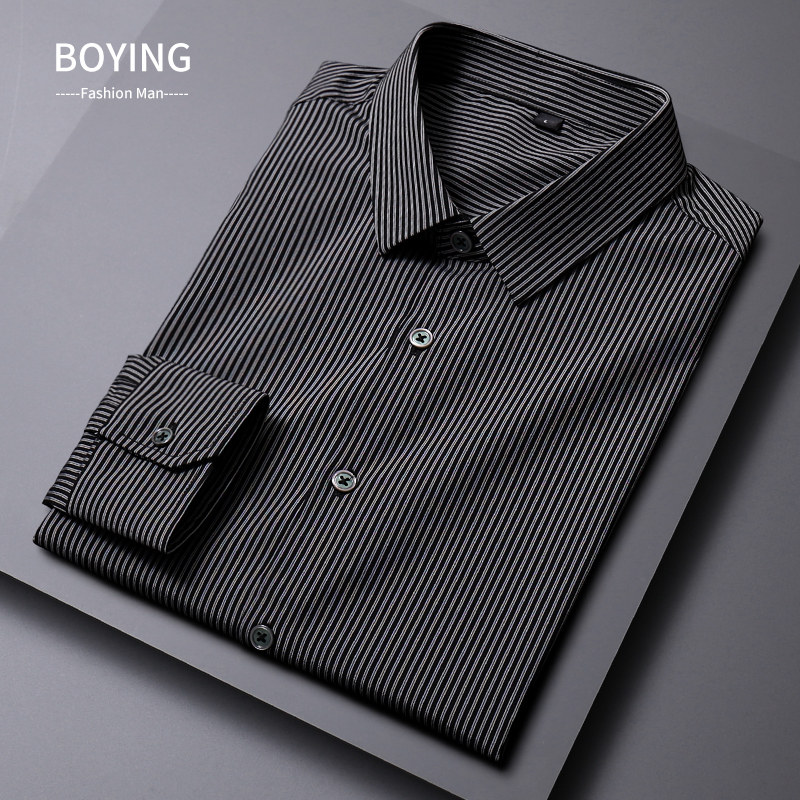 Light Extravagant Personality Fall Sashimi Shirt Male long sleeve trendy rufflet-handsome Qi Striped Shirt Han Edition Business Casual Inch