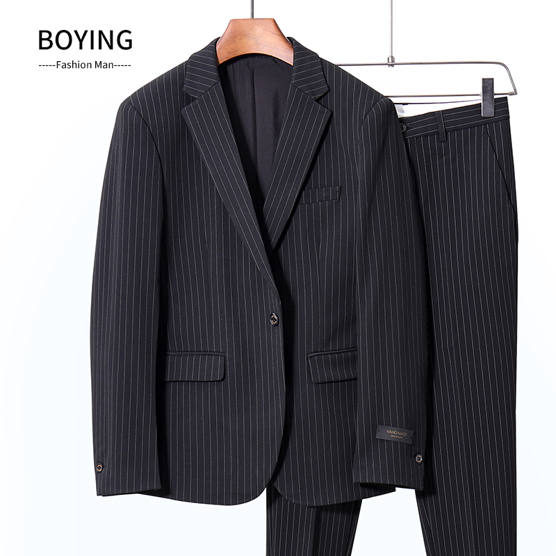 Light luxury spring and autumn quality striped suit men two pieces of trend mens small suit blue business dress