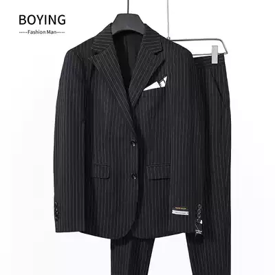 Vertical Stripe Suit Set Men 2021 Autumn New Business Leisure Small Suit Trend Quality Wedding Dress