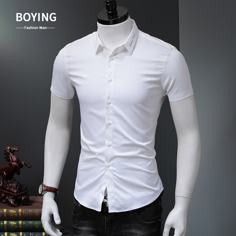 Summer ice silk thin short-sleeved shirt men's formal wear youth free ironing professional casual slim business shirt white inch