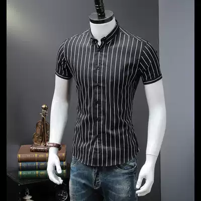 Men's striped shirt summer thin cotton slim fit European and American trend youth casual handsome men's short sleeve shirt