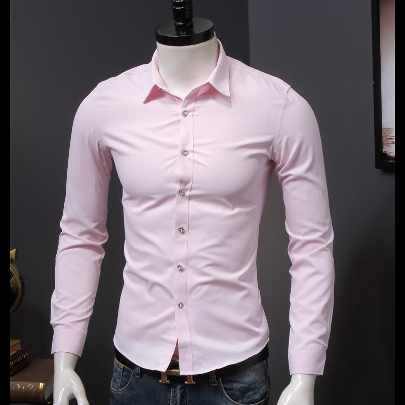 Spring Men's Free Ironing Business Casual Shirt Pure Color Twill White Lining Male Youth Long Sleeve Inch Clothes Korean Version Trend