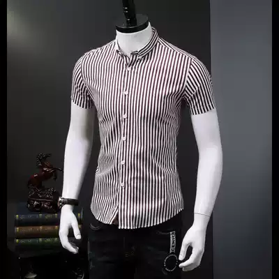 Tide brand shirt men's short sleeve Korean summer new boy jujube striped shirt casual slim men's inch clothing