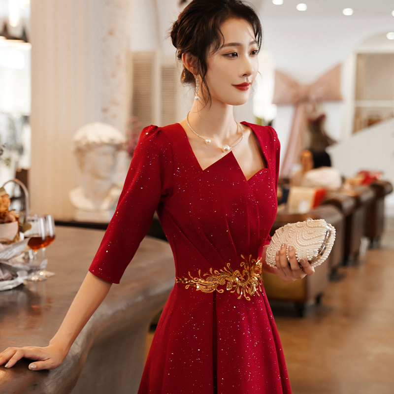 Bridal Attire for Toasting the Bride 2026 New Style Wedding Petite High-End Light Luxury Niche High-End Red Homecoming Engagement Dress