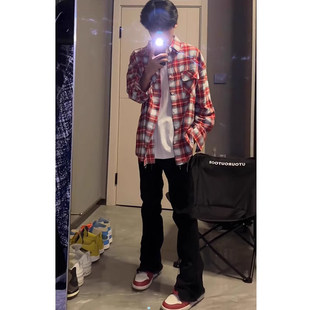 Ootd pure black flared jeans men's straight slim stretch American vibe pants high street raw edge trousers