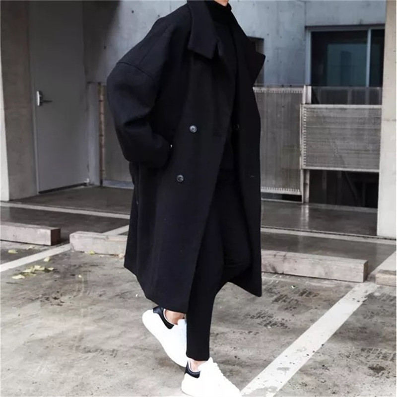 Thickened medium and long version of woolen coat men Korean version of loose trend winter woolen coat ins knee men trench coat