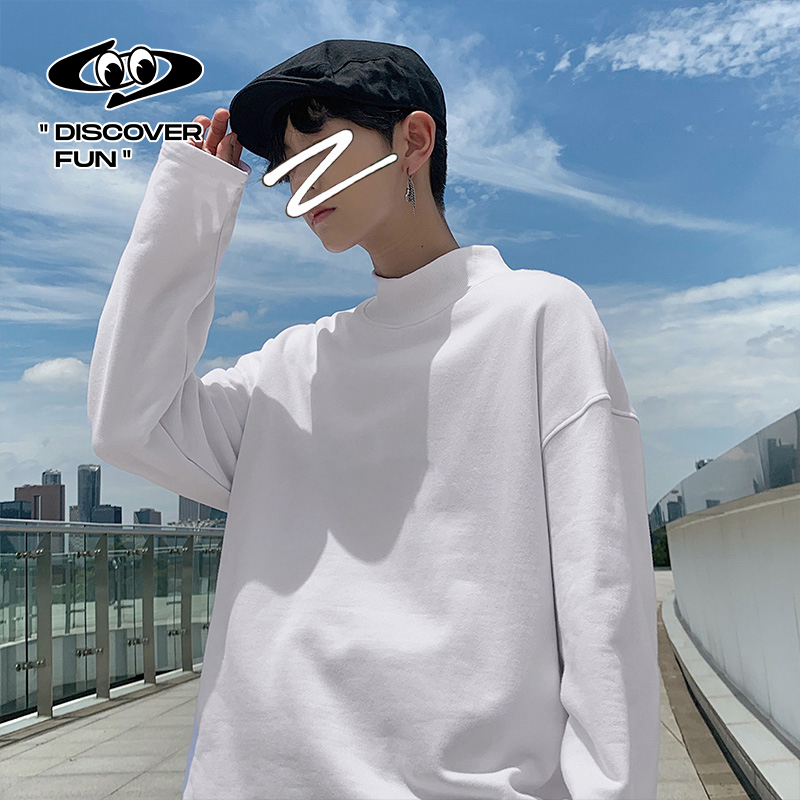 Semi-turtleneck sweater men's spring and autumn solid color pullover long-sleeved T-shirt Men's and women's tide loose large size inner tie base shirt