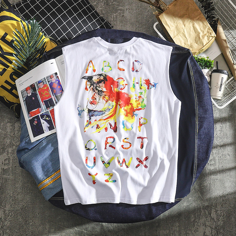 Summer Harajuku tay gió đường hip-hop t-shirt nam trúng một lá thư cá tính xu hướng in sinh viên vest