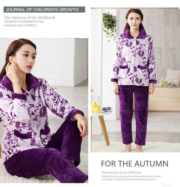 Đồ ngủ của phụ nữ mùa đông dày san hô lông cừu flannel cardigan phù hợp với mùa thu và mùa đông dài tay trung niên dịch vụ nhà kích thước lớn những kiểu đồ bộ đẹp