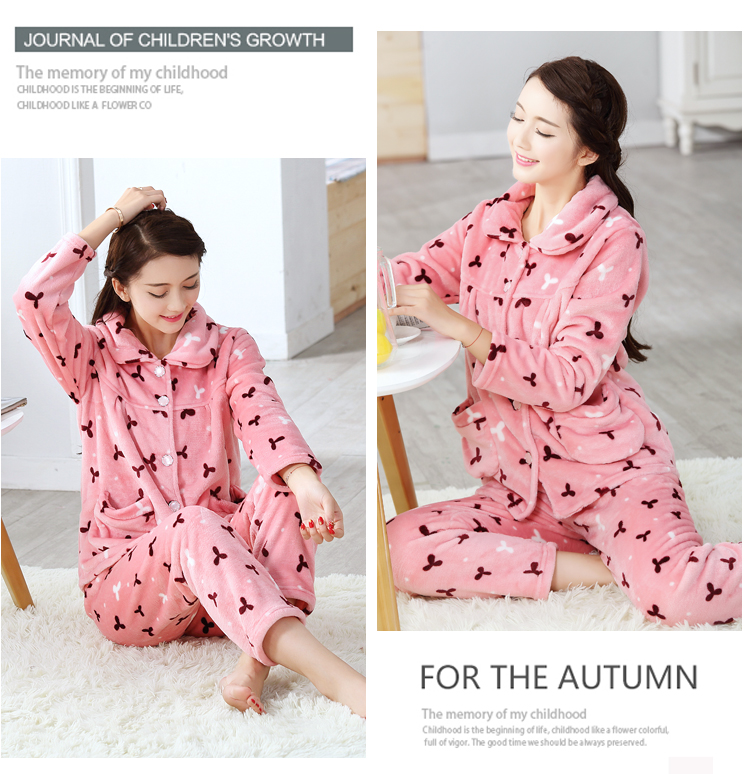 Đồ ngủ của phụ nữ mùa đông dày san hô lông cừu flannel cardigan phù hợp với mùa thu và mùa đông dài tay trung niên dịch vụ nhà kích thước lớn những kiểu đồ bộ đẹp