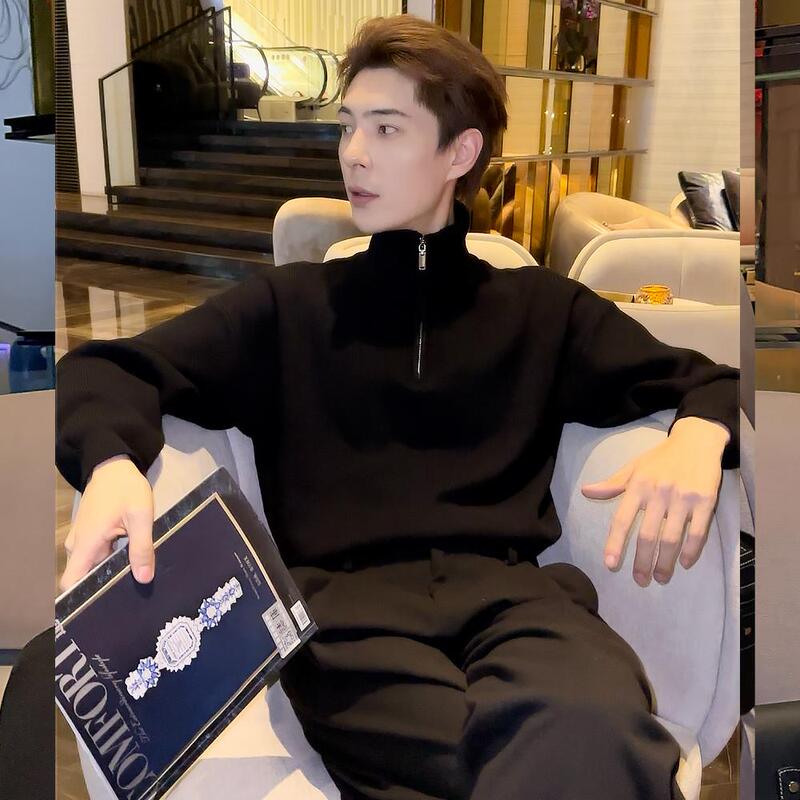 Half-Zip Knitted Sweater, Lazy Style, Trendy Men's Fashion, High-End, Cool and Stylish, Black Base Layer Top, Autumn and Winter Outerwear Sweater Half-Zip Knitted Sweater, Lazy Style, Trendy Men's Fashion, High-End, Cool and Stylish, Black Base Layer Top, Autumn and Winter Outerwear Sweater
