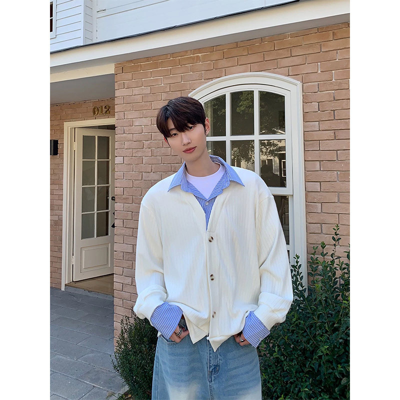 Miu Striped Patchwork Shirt Collar Sweater Cardigan Men's Autumn and Winter Korean Style Lazy Style Fake Two-Piece Knit Sweater Jacket