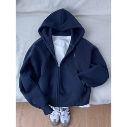 Navy Blue Hooded Sweatshirt for Men, Autumn Heavyweight Cardigan Jacket, Oversized American Style Couple's Hoodie Top