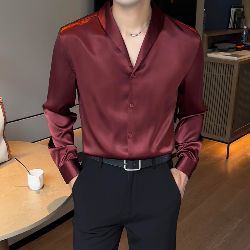 Burgundy Satin V-Neck Long-Sleeved Shirt for Men, High-End Slim-Fit Inner Shirt, Business Men's Top Burgundy Satin V-Neck Long-Sleeved Shirt for Men, High-End Slim-Fit Inner Shirt, Business Men's Top