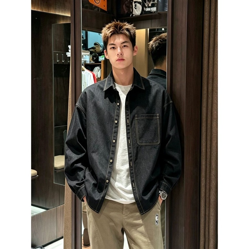 Black Faux Denim Shirt for Men, Long-Sleeved, Early Autumn Wear, Loose-Fitting Workwear Shirt, High-End Feel, Thin Jacket