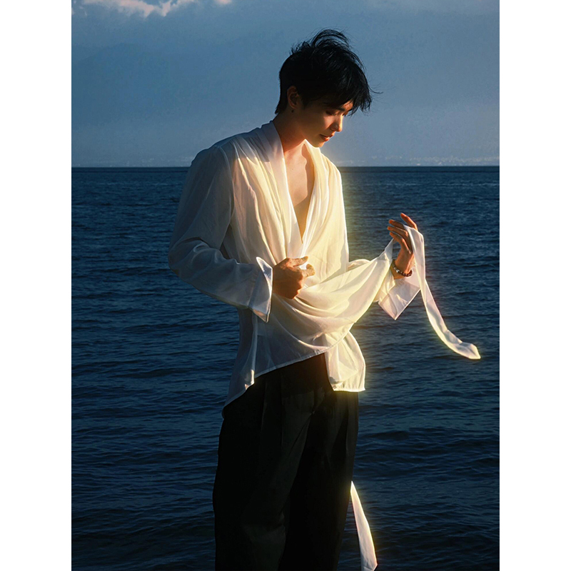 Organza Lace-Up Chiffon Semi-Sheer White Long-Sleeve Shirt, Unisex Design, High-End Minimalist Style Shirt Jacket Organza Lace-Up Chiffon Semi-Sheer White Long-Sleeve Shirt, Unisex Design, High-End Minimalist Style Shirt Jacket