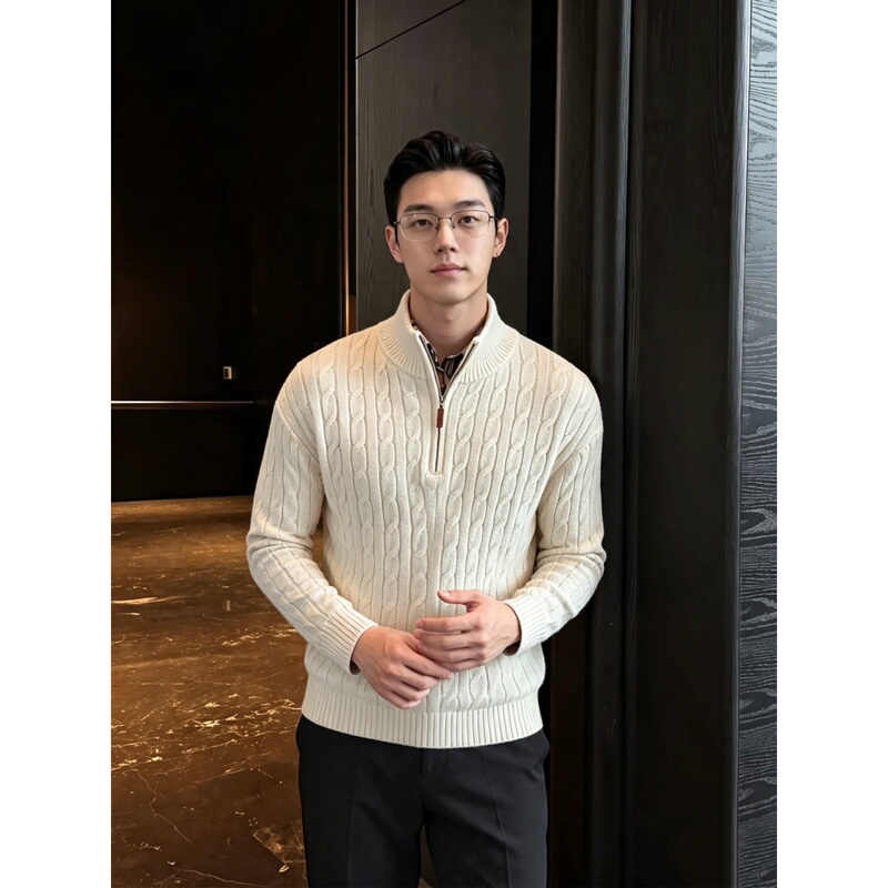 Mature Old Money Style Half-Zip High-Neck Cable Knit Sweater for Men, Autumn and Winter Inner Wear, Sophisticated Outfit, Sweater Base Layer Mature Old Money Style Half-Zip High-Neck Cable Knit Sweater for Men, Autumn and Winter Inner Wear, Sophisticated Outfit, Sweater Base Layer