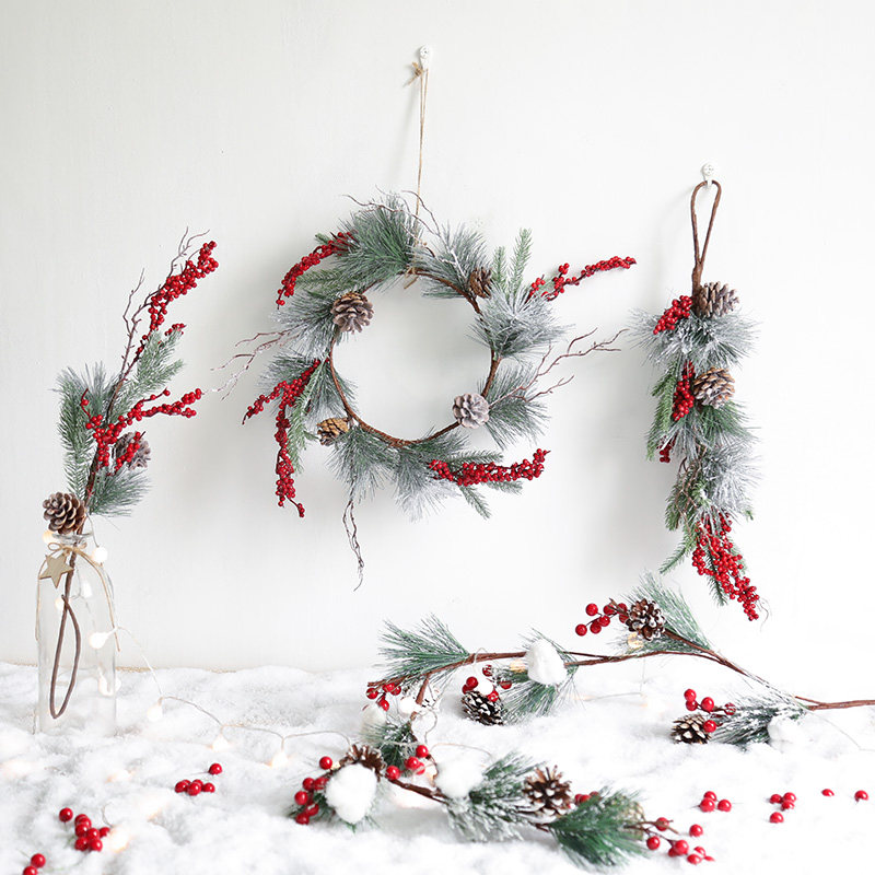 Hromeo Christmas Red Fruit Flower Ring vines Inserted Branches Decoration Mall Shop Window Scene Placement of Christmas decorations