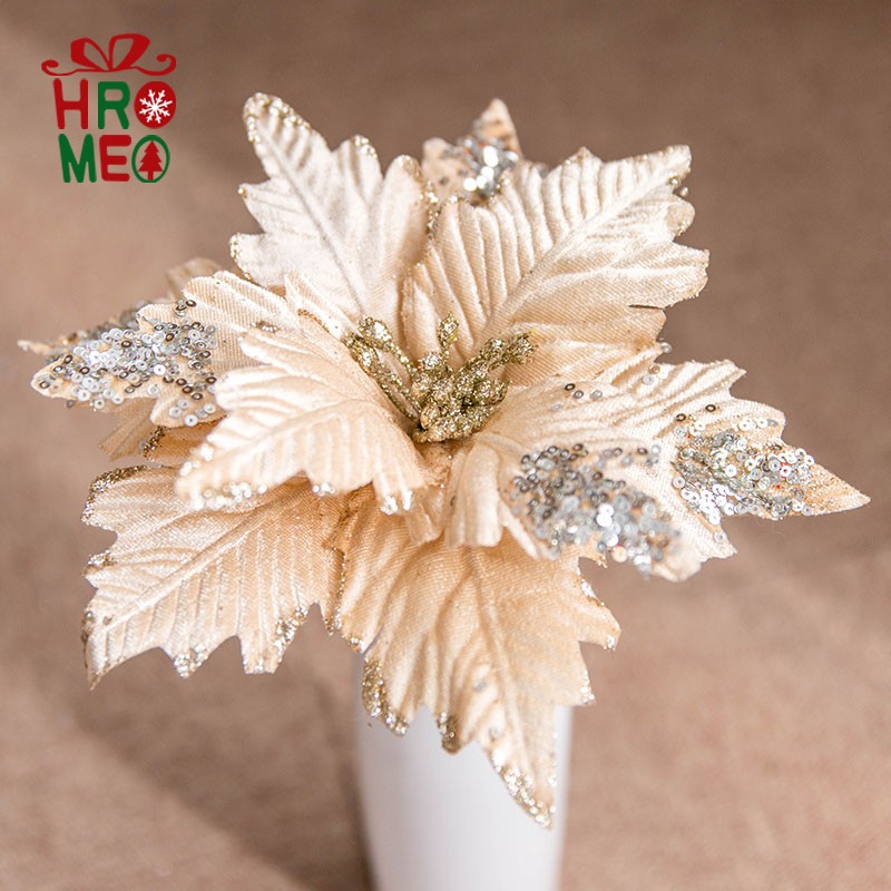 Hromoeo 25cm sequined flannel handmade Christmas flower Gold and silver Gray powder White Christmas DIY accessories simulation flower